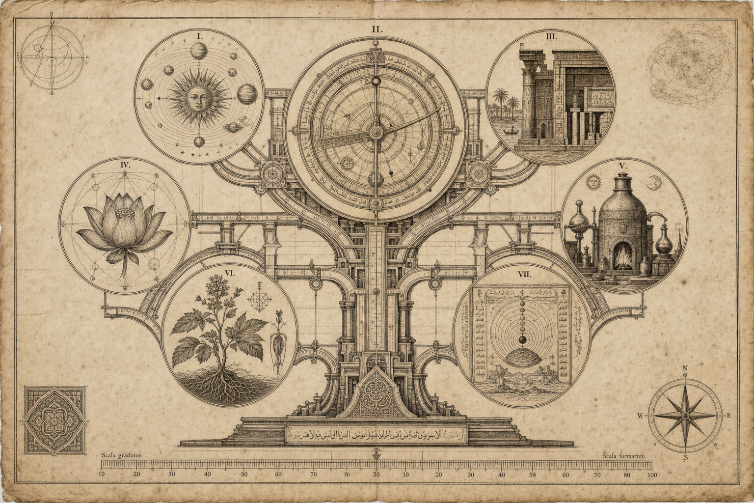 Wide engraved tree-mechanism connecting seven sacred and natural knowledge traditions