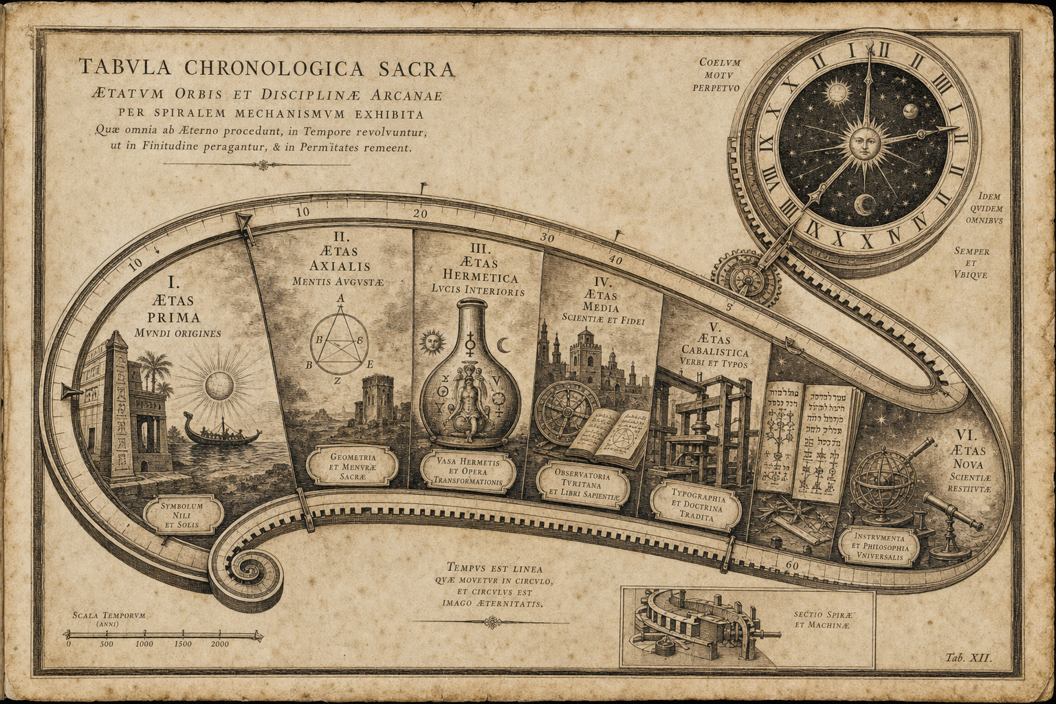 Colossal engraved chronology spiral sweeping through five millennia of spiritual history