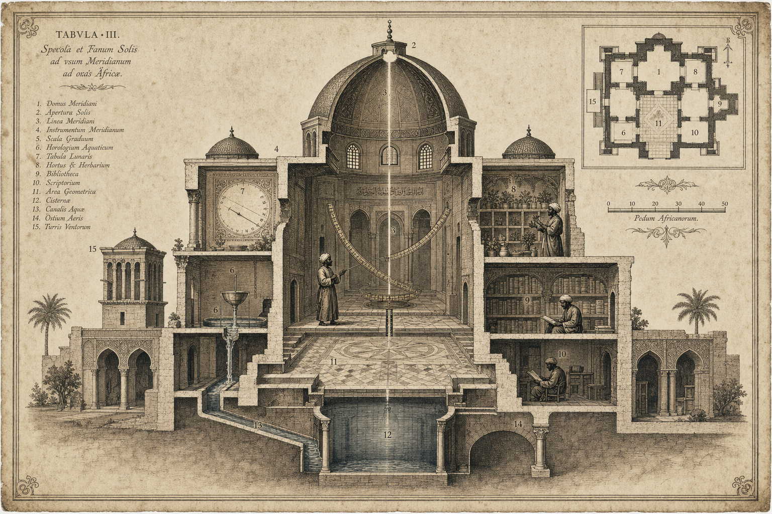 Grand engraved cutaway of a Moorish observatory sanctuary calibrated to the sun and moon
