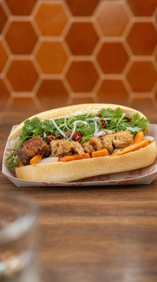 Crispy pork belly banh mi with sweet soy glaze