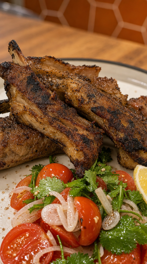 Charred lamb ribs off the charcoal grill