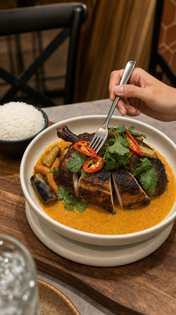 Charcoal chicken with red curry sauce and grilled baby carrots
