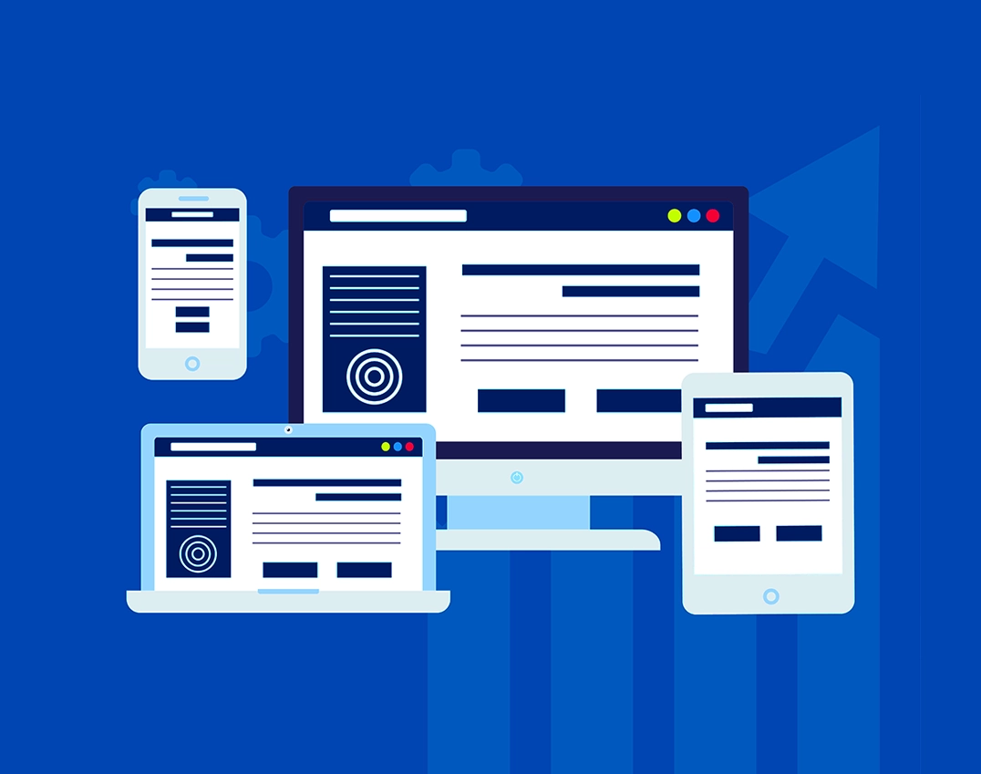 Website Migration Services featured image_Abstract illustration with a PC monitor, laptop, table, and mobile phone with feint arrows and a cogs in the background