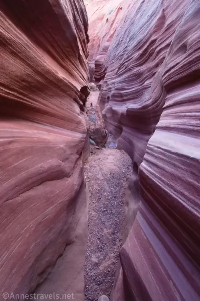 Red and white stripes on the wall of a very narrow canyon 