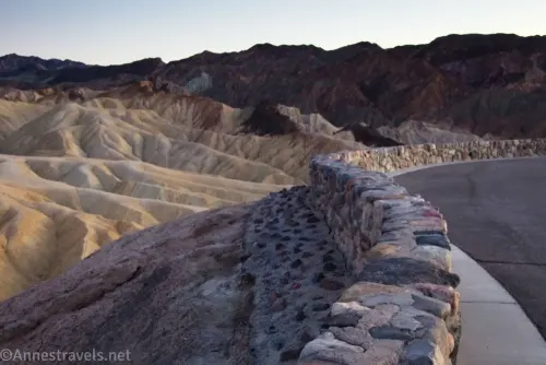 The stone wall around Zabriskie Point and nearby yellow badlands in Death Valley National Park 