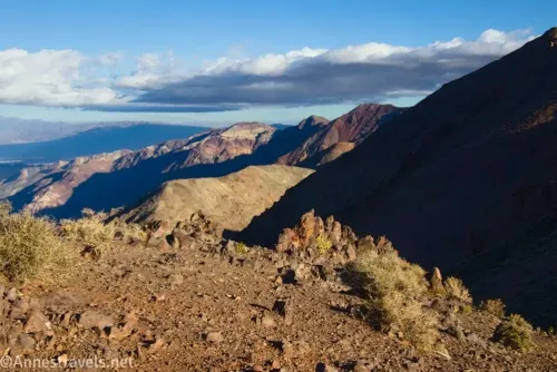 Desert plants and rocks with distant mountains and clouds in the blue sky
