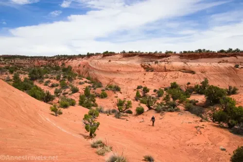 A hiker descending a slickrock slope into a brushy canyon with blue sky and clouds above 