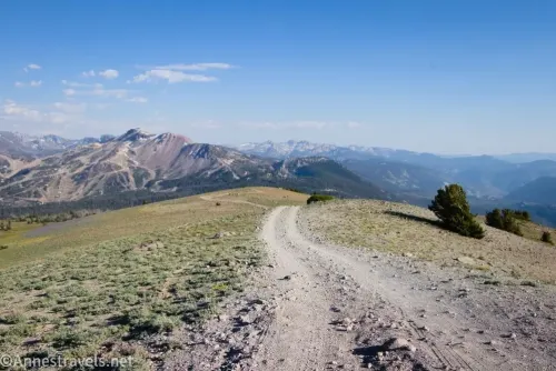 A gravel road on a meadow ridgeline with mountains in the distance