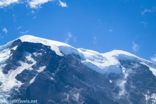 Ice and rock on the summit of Mount Rainier from the summit of Third Burroughs Mountain in Mount Rainier National Park 