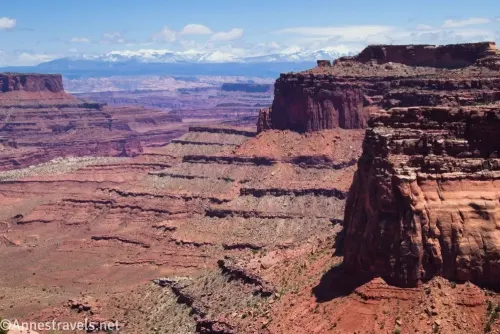 Layered red cliffs in a canyon with distant snowy mountains