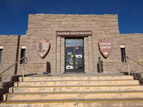The stone facade of a building with Visitor Center, Rainbow Forest Museum, and the National Park Service signs and yellow stairs leading up to the door