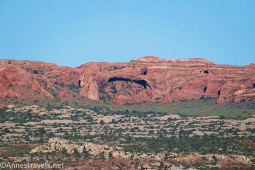 Distant red cliffs and an arch across green bushes and white rocks in the desert