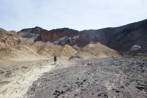 A hiker beside yellow dirt hills below colorful cliffs 