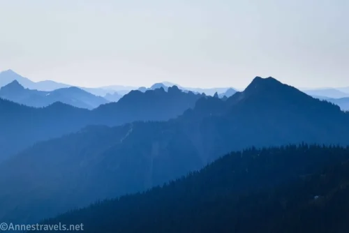 Silhouettes of mountain peaks from the Shadow Lake Trail in Mount Rainier National Park 