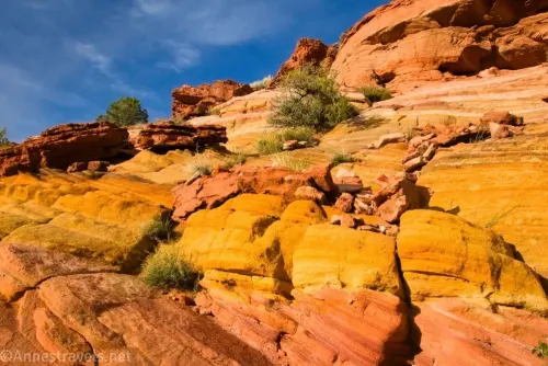 Yellow and orange rocks with a few green bushes 