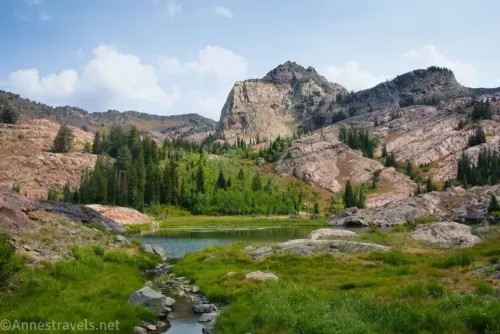 The cliffs of Sundial Peak rise over meadows and Lake Lillian 