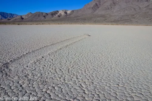 A rock dragged across the dry lakebed of the Racetrack Playa when it was wet with mountains in the background 