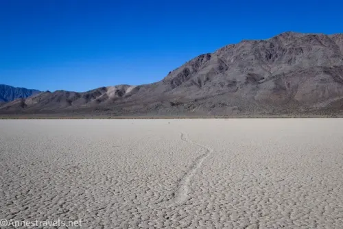 A dry lakebed known as the Racetrack Playa with a trail from a Sailing Stone with dry mountains in the background