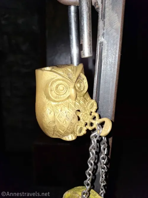 An owl-shaped lock at the Upside Down Escape Games in Mashpee, Massachusetts