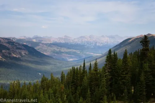 Scenic view looking down the valley toward the Beartooth Mountains near Republic Pass and Cooke City, Montana, captured along the Wyoming-Montana border