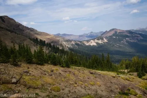 Meadows, valleys, forests, and the Beartooth Mountains from just below Republic Pass on the Wyoming-Montana border