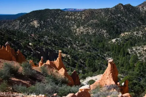 Rock formations of hoodoos with mushroom rocks at the Hat Shop along the Under the Rim Trail in Bryce Canyon National Park, Utah