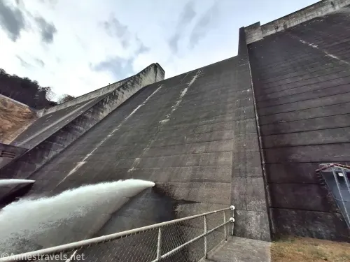 Philpott Dam release gates release powerful outlet streams of water into the Smith River in Franklin County, Western Virginia, a scenic spot for visitors exploring the Blue Ridge region