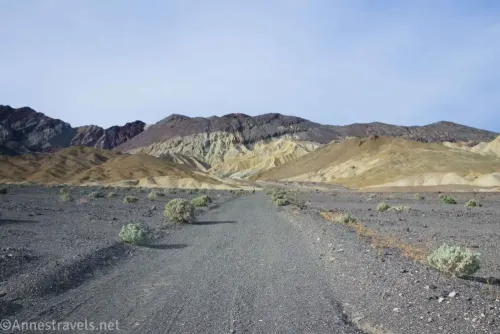 The old gravel mining road toward the Black Mountains and Corkscrew Canyon in Death Valley National Park, California