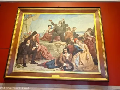 A famous painting of the Pilgrims on Plymouth Rock displayed in Pilgrim Hall, Plymouth, Massachusetts