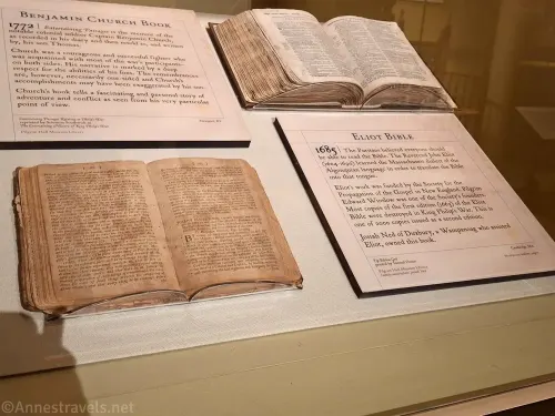 The first Bible in the Algonquin language (Eliot Bible) and a colonial-era memoir by Benjamin Church at Pilgrim Hall in Plymouth, Massachusetts