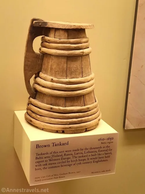 A wooden tankard from the Pilgrim era in the basement of Pilgrim Hall, Plymouth, Massachusetts