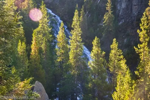 Trees obscure Virginia Cascades in Yellowstone National Park, Wyoming