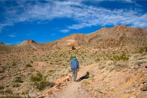 A hiker in a blue jacket walks on a dirt trail up toward desert mountains with white clouds in a blue sky 