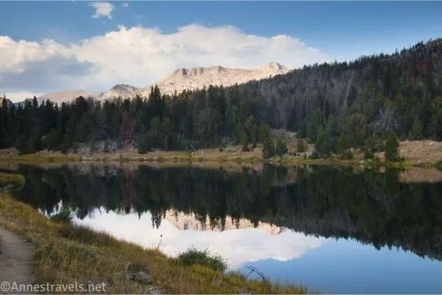 Reflections in a lake of trees and the top of a rocky mountain and clouds 
