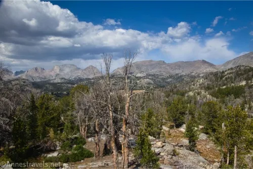 Clouds in a half-blue sky over a rugged mountain ridgeline and closer trees 