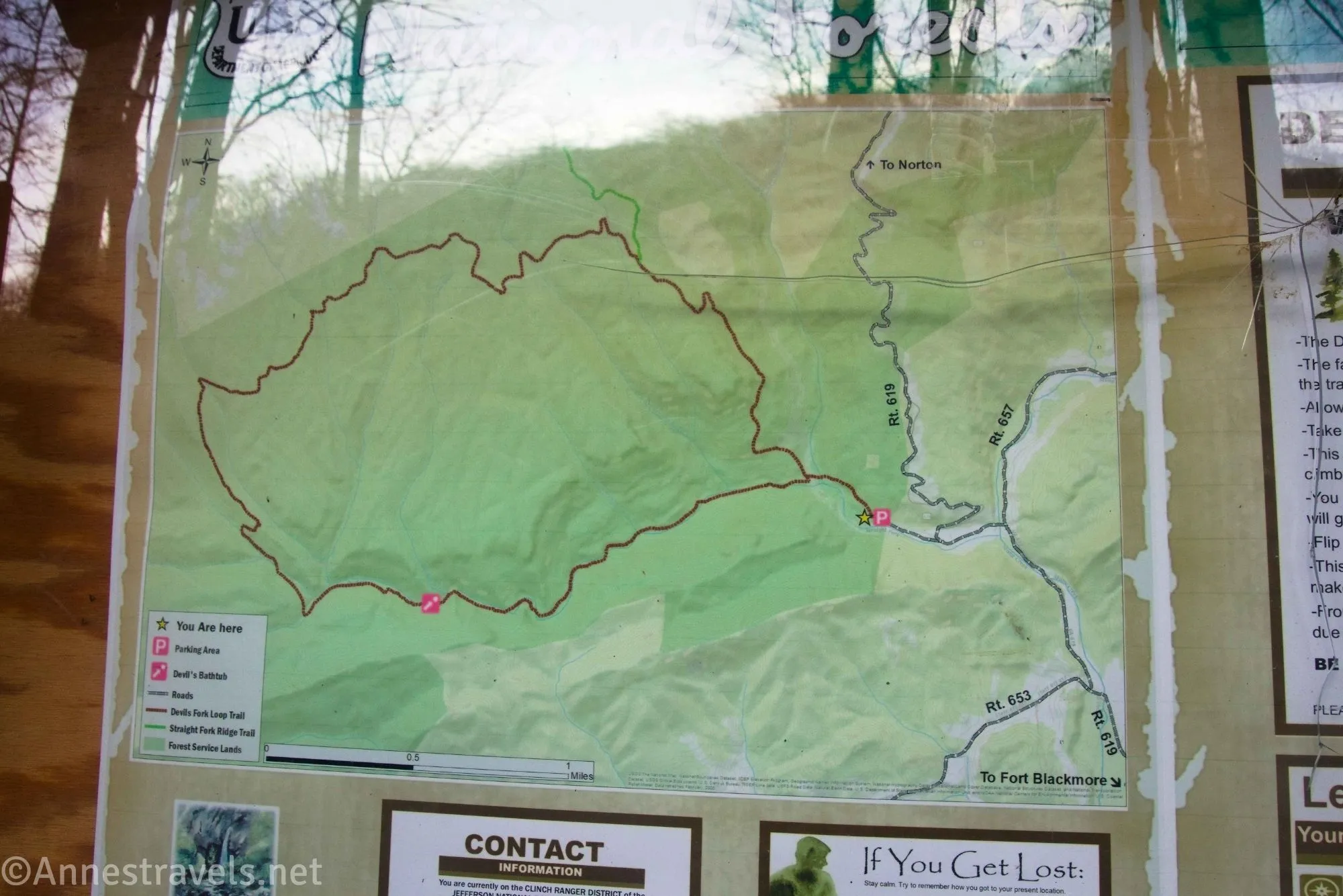 Trail map of the hike to the Devils Bathtub and the Devils Fork Loop Trail