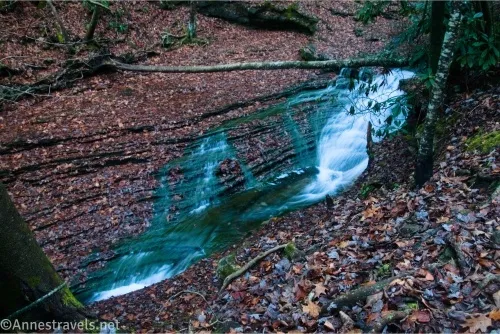 A waterfall tumbles over rock shelves with banks covered in fall leaves