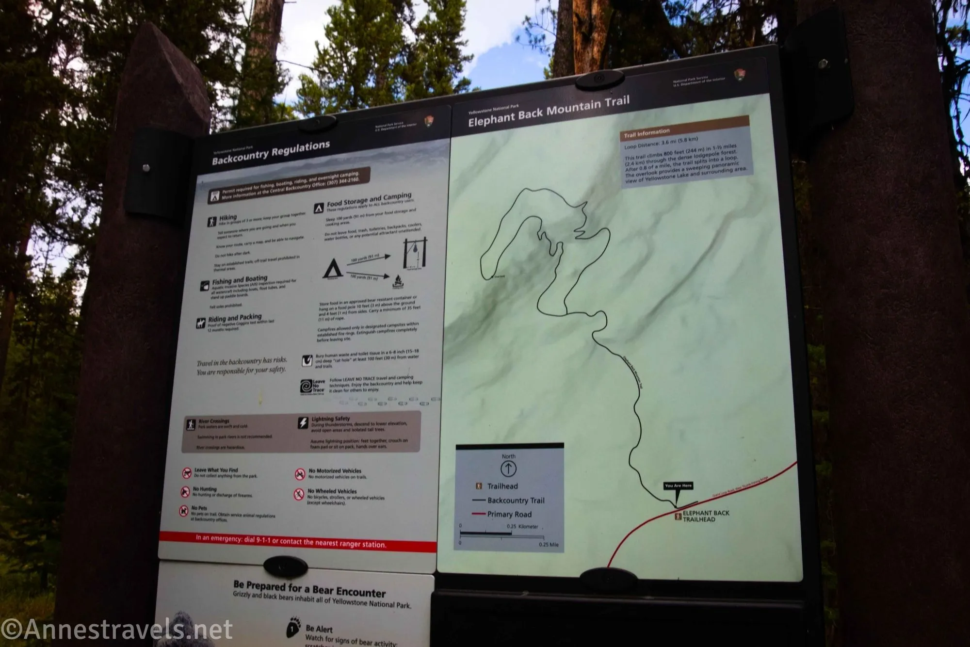 A sign with a map of the Elephant Back Mountain Trail surrounded by trees