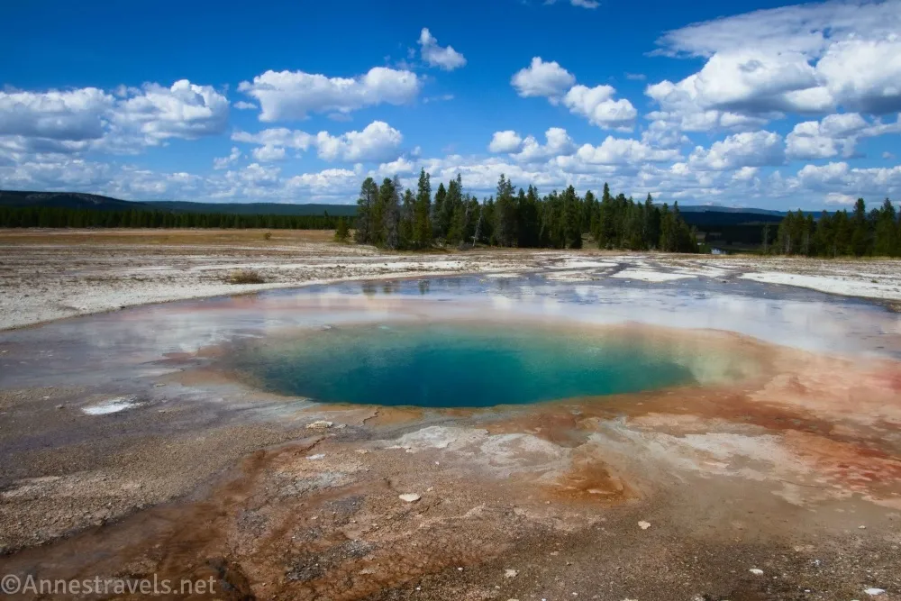 Clouds sail over a few trees and a colorful hot spring called Opal Pool in the Midway Geyser Basin of Yellowstone National Park