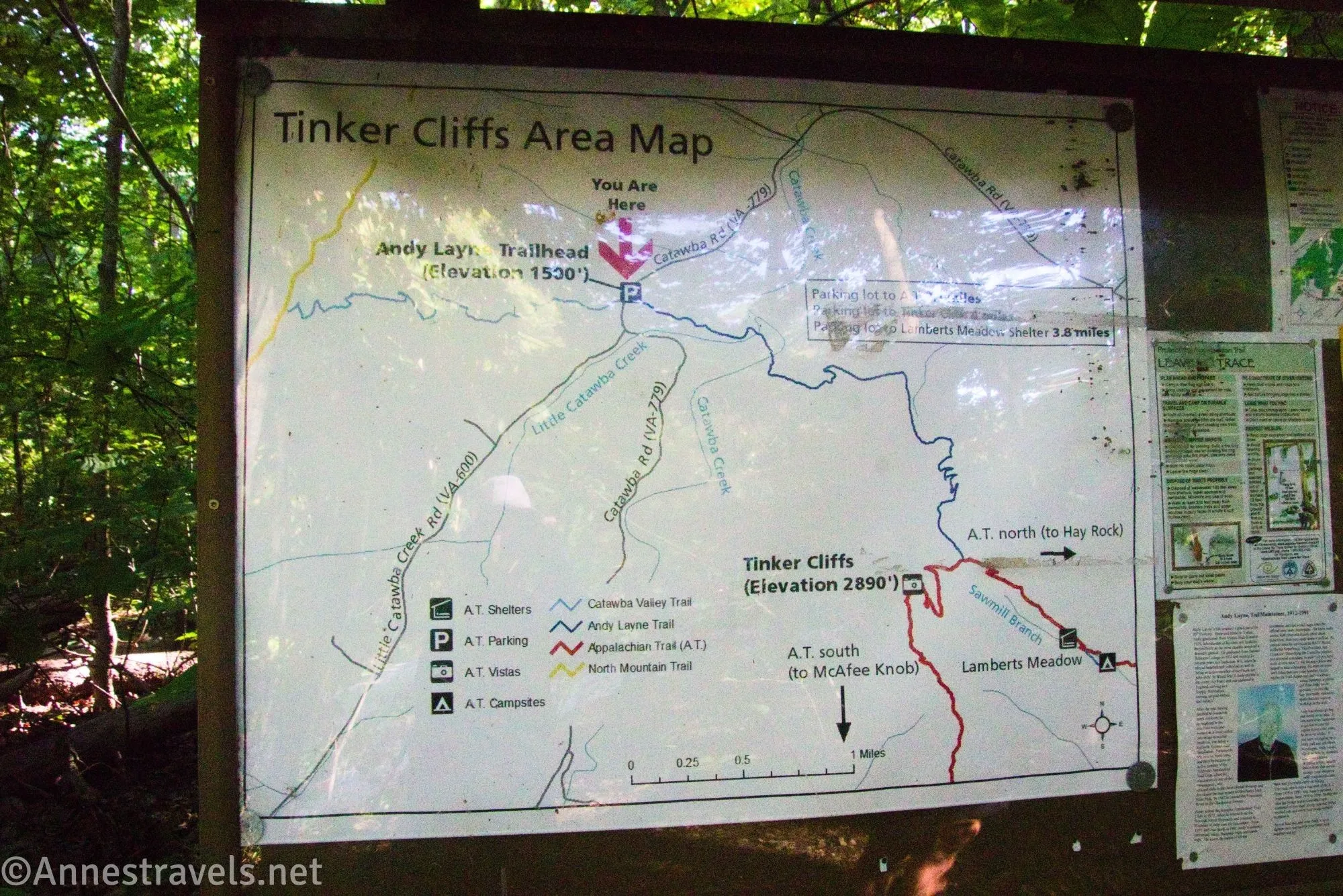 Map at the Andy Layne Trailhead of the trail to Tinker Cliffs, Virginia