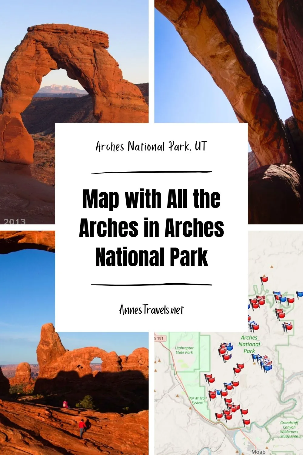 Photo collage of several arches in Arches National Park