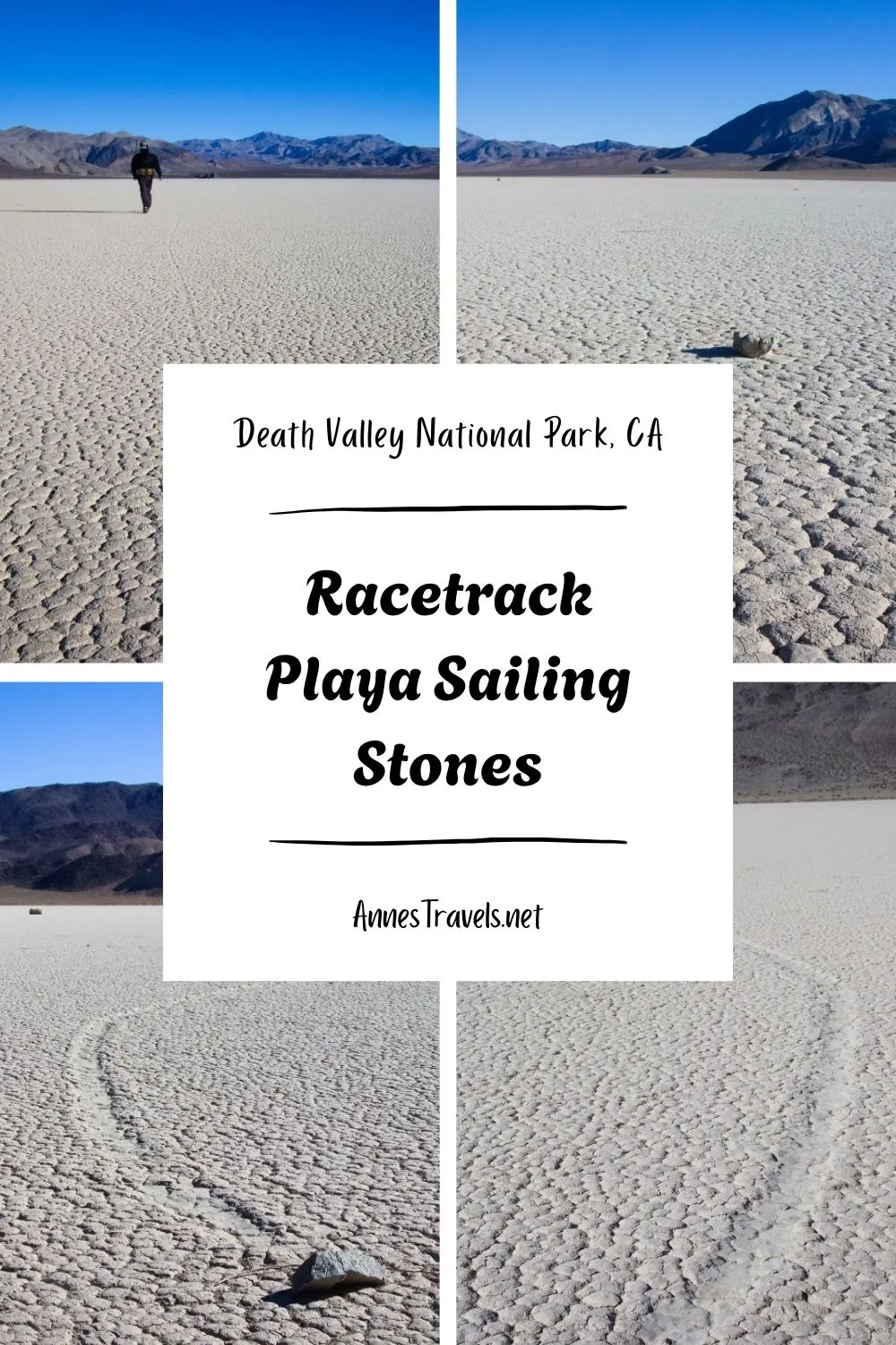 Phot collage of sailing stones on the Racetrack Playa in Death Valley National Park, California