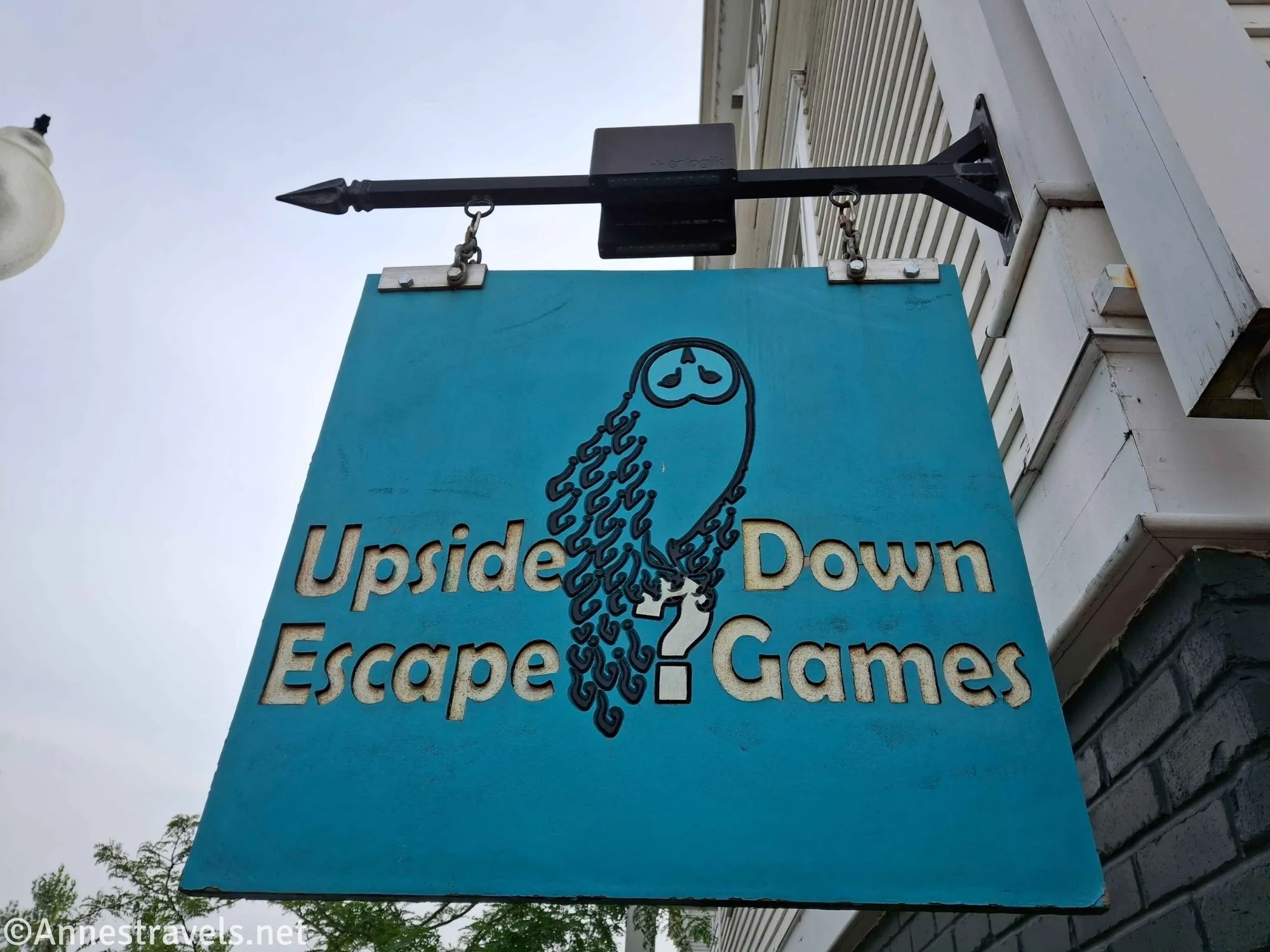 A turquoise sign with a black owl on it and yellow words Upside Down Escape Games