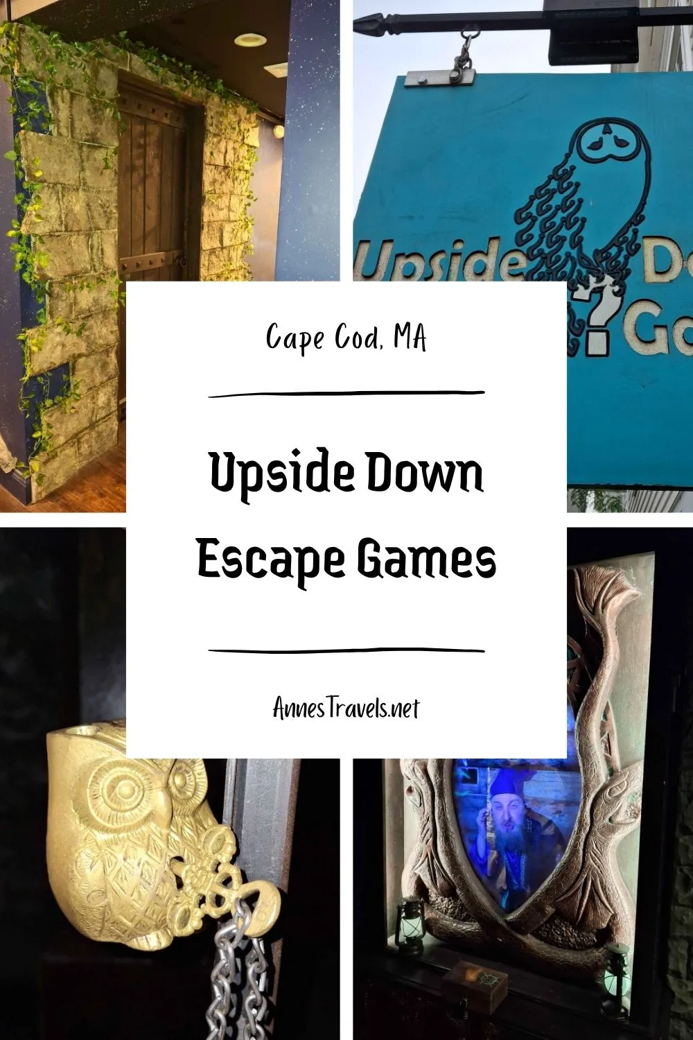 Photo collage of scenes within the Upside Down Escape Games on Cape Cod, Massachusetts