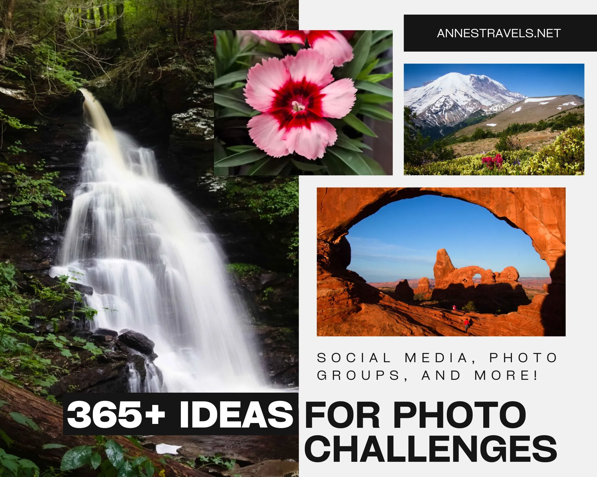 A photo collage showcasing various 365 photo challenge themes, including daily photography prompts, creative composition examples, and outdoor picture ideas.