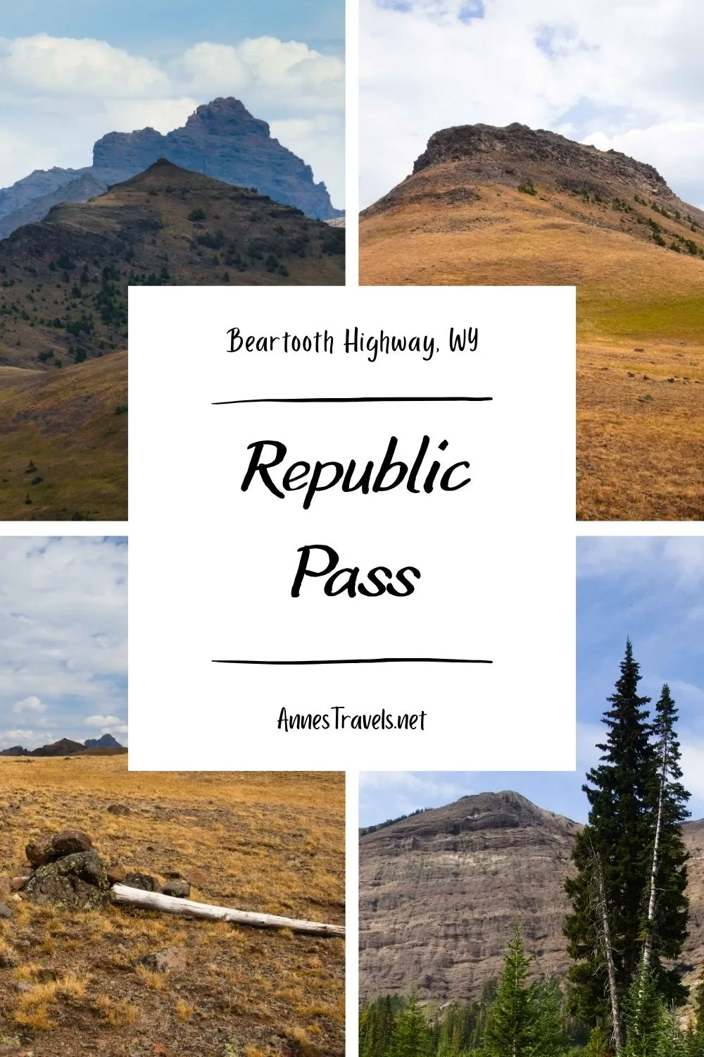 Photo collage of the hike to Republic Pass via Republic Creek Trail, featuring mountain views of Republic Peak and scenic landscapes along the Beartooth Highway and Yellowstone in Wyoming.