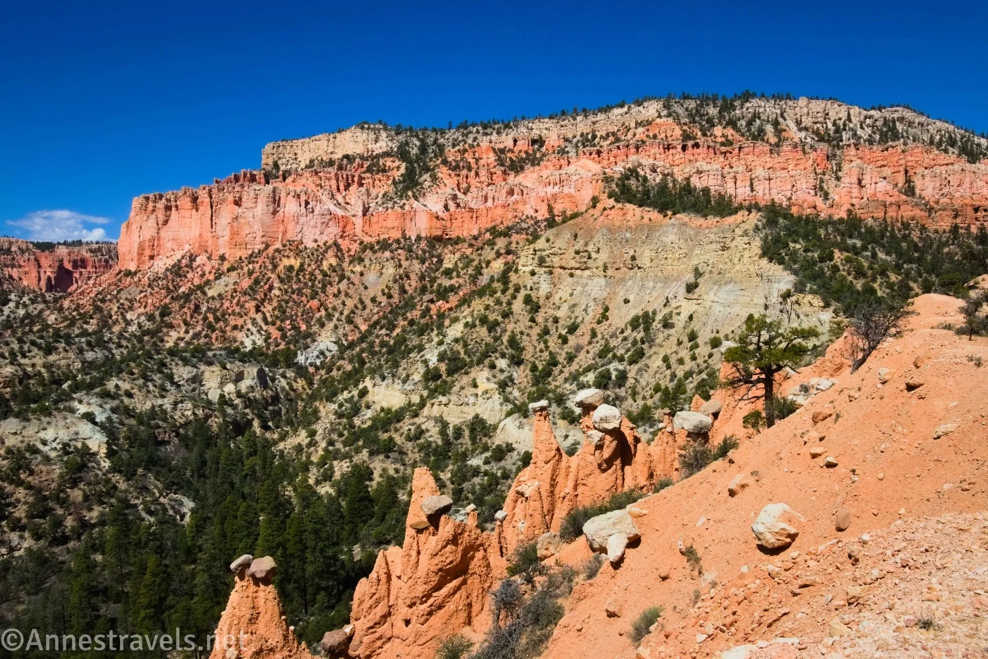 Scenic view of the Hat Shop’s unique capped hoodoos and towering orange cliffs in Bryce Canyon National Park, Utah