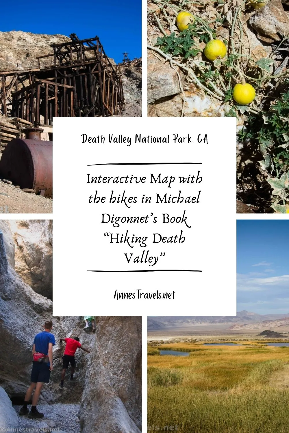 Photo collage with images from the hikes in Michel Digonnet's book, Hiking Death Valley