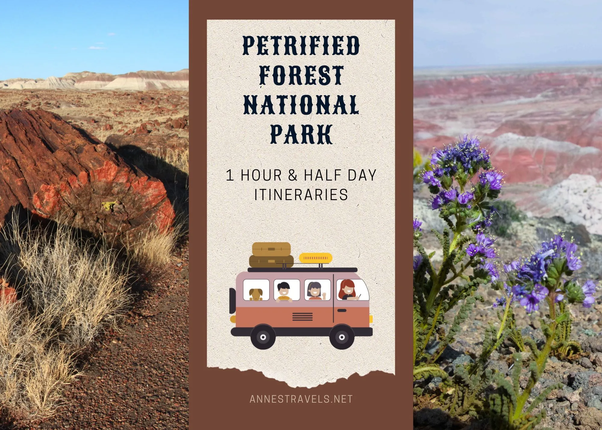 Photos illustrating itineraries for the best hikes in Petrified Forest National Park, Arizona