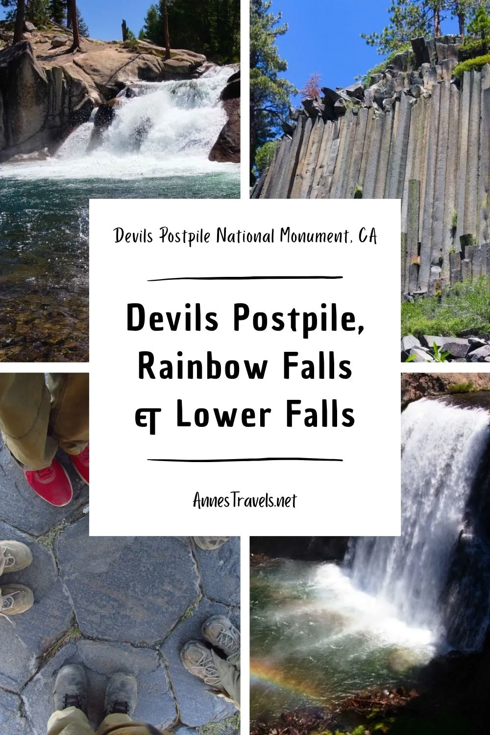 Photo collage of hiking around Devils Postpile National Monument, including Rainbow Falls and Lower Falls, California